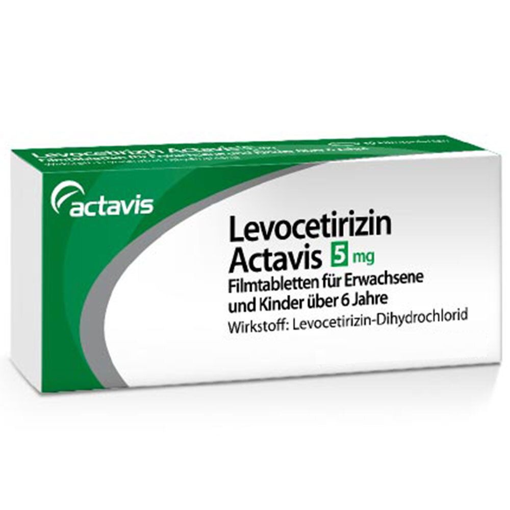 Levocetirizin Actavis 5 mg, Filmtabletten. Weiße Schachtel mit grünem Akzent. Actavis-Logo. Text: Für Erwachsene und Kinder über 6 Jahre.