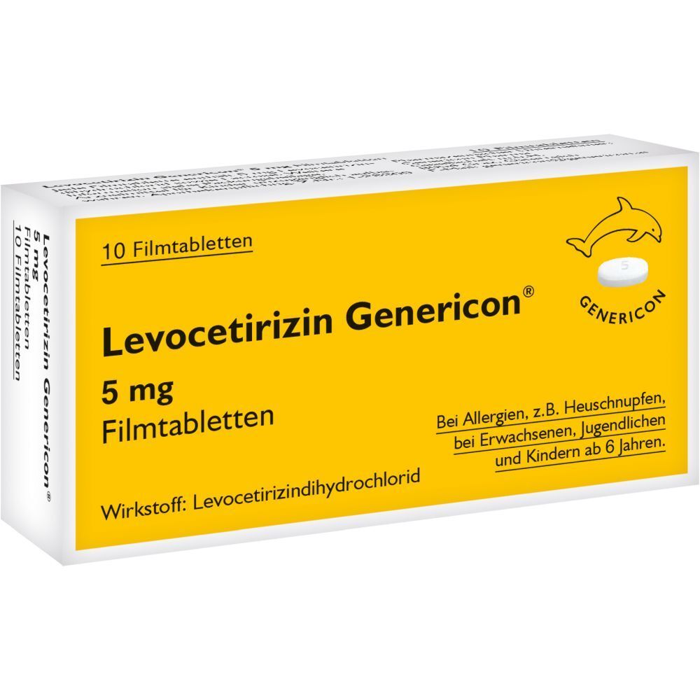 Schachtel mit Levocetirizin Genericon 5 mg Filmtabletten. Gelber Hintergrund, weiße Schrift. Enthält 10 Tabletten.