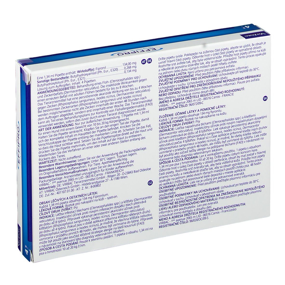Rückseite der EFFIPRO®-Verpackung. Text in mehreren Sprachen. Enthält Informationen zur Anwendung und Inhaltsstoffe.
