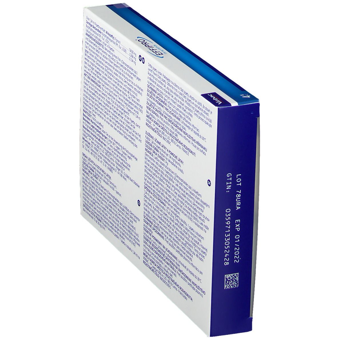 Seitenansicht der EFFIPRO®-Verpackung. Enthält Informationen wie Chargennummer und Verfallsdatum.