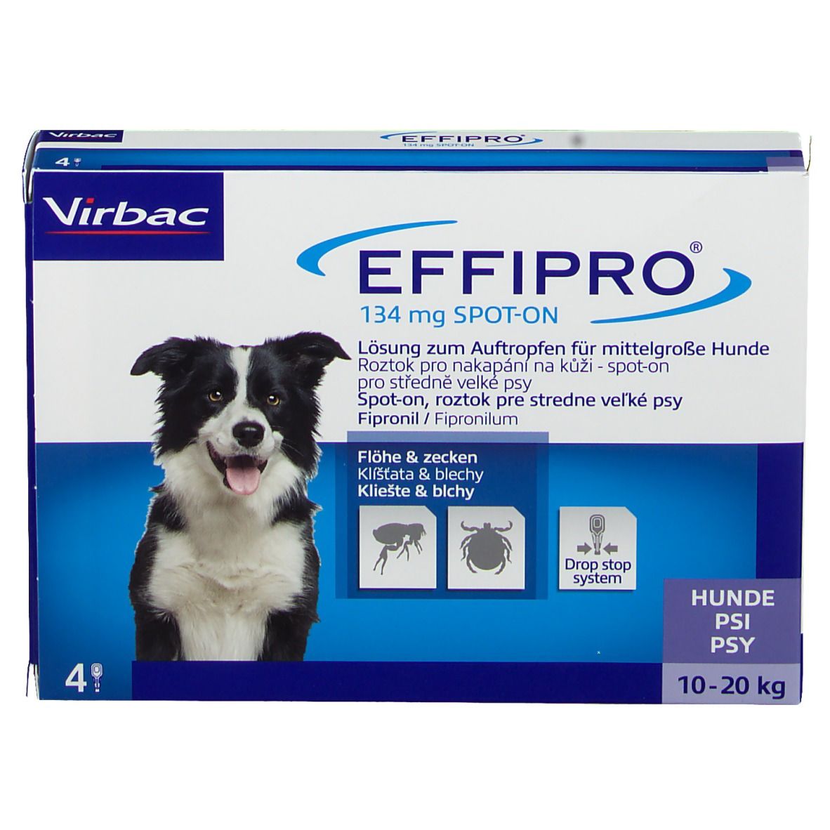 Vorderansicht der EFFIPRO®-Verpackung für Hunde 10-20 kg. Enthält 4 Dosen. Mit Hundefoto und Produktinformationen.