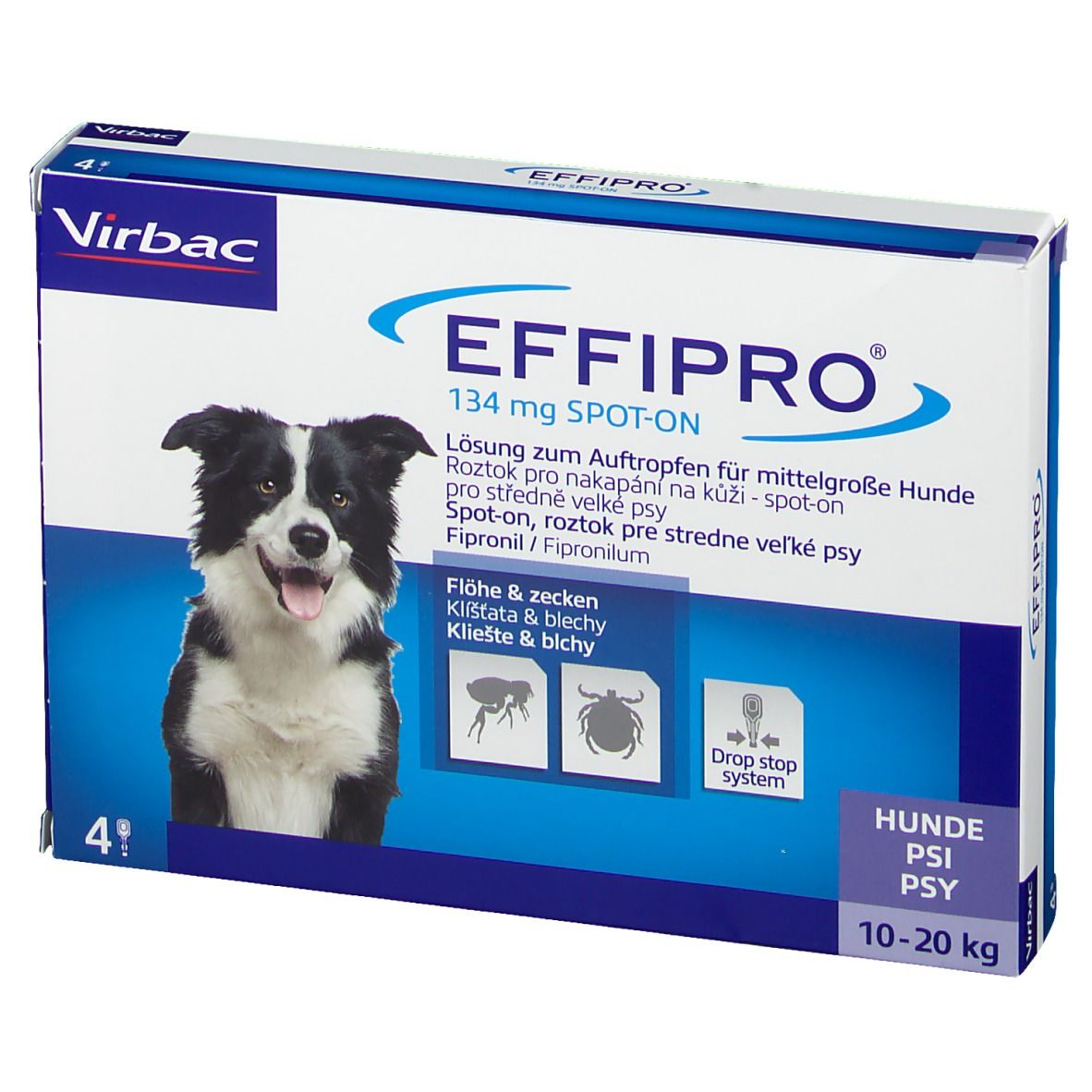 Vorderansicht der EFFIPRO®-Verpackung für Hunde 10-20 kg. Enthält 4 Dosen. Mit Hundefoto und Produktinformationen.