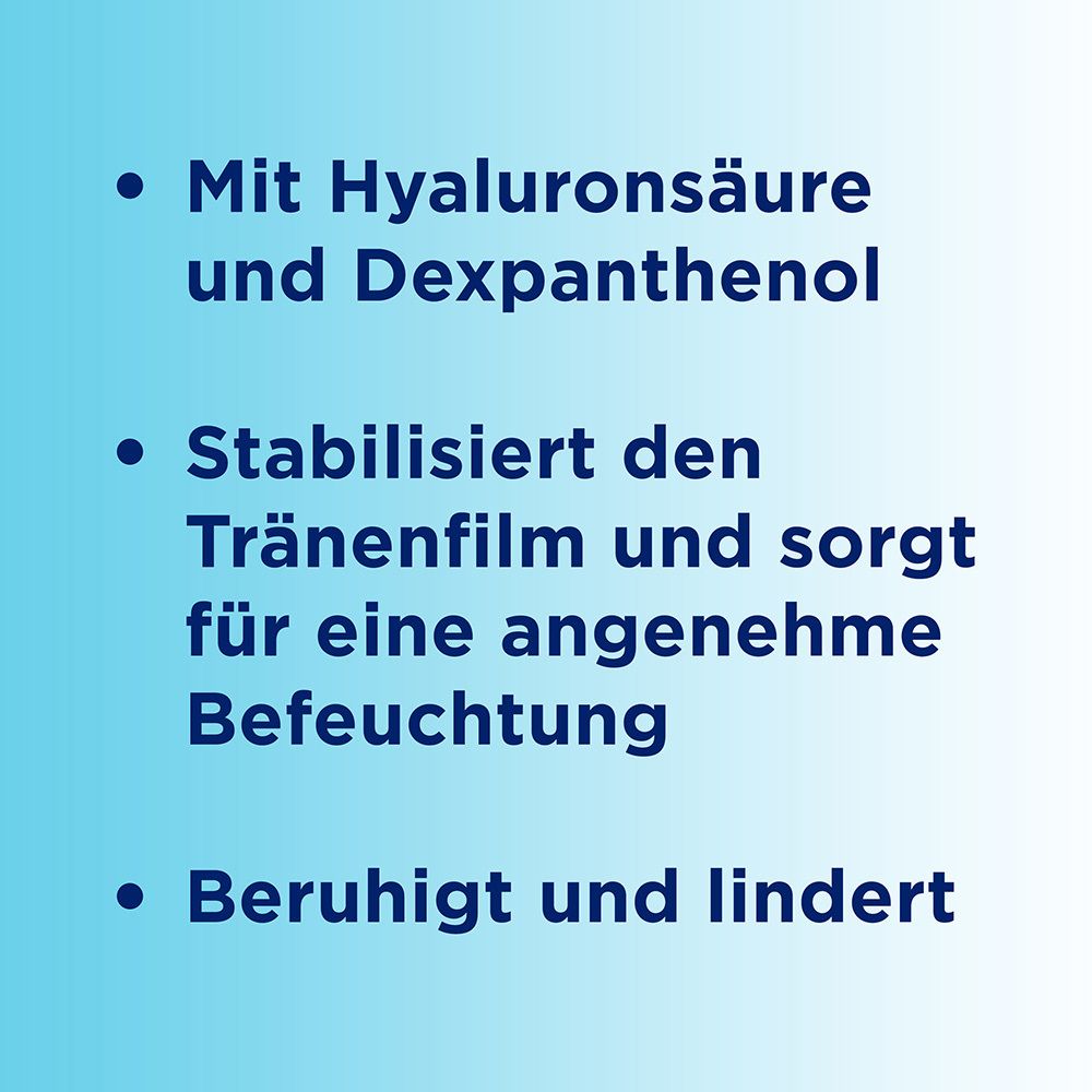 Blaue Grafik mit drei Aufzählungszeichen. Text: Mit Hyaluronsäure und Dexpanthenol. Stabilisiert den Tränenfilm. Beruhigt und lindert.