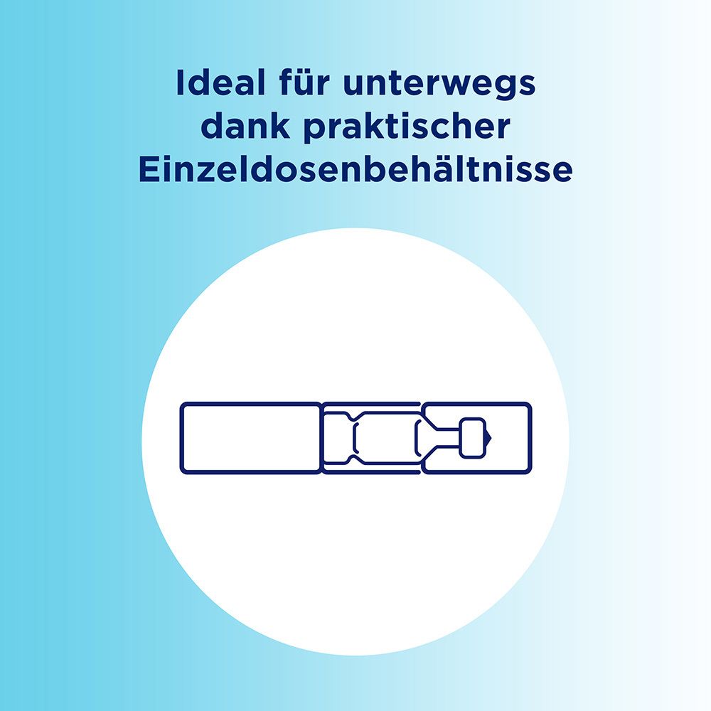 Blaue Grafik mit einer weißen Linie-Zeichnung einer Einzeldosis. Text: Ideal für unterwegs dank praktischer Einzeldosenbehältnisse.