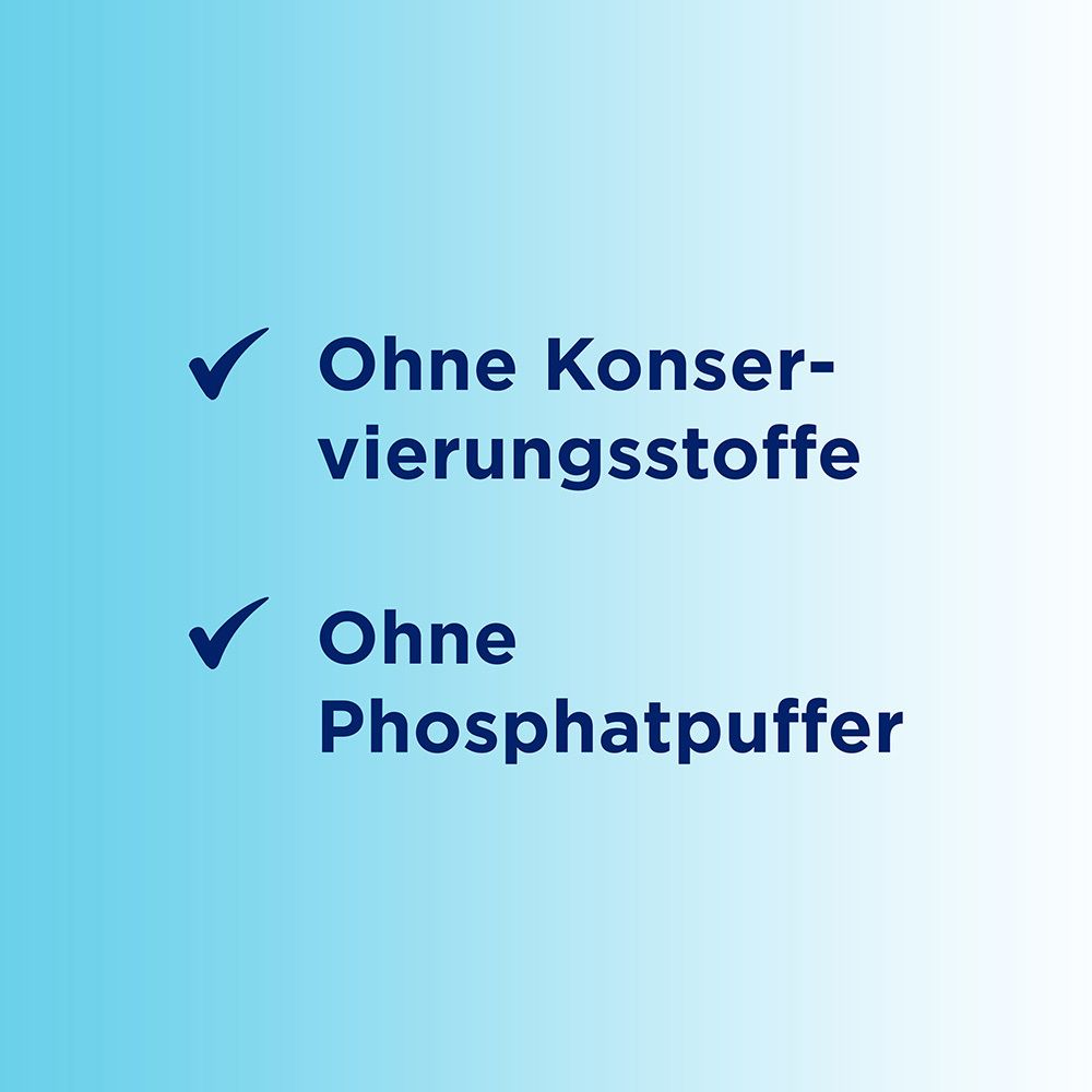 Blaue Grafik mit zwei Häkchen. Text: Ohne Konservierungsstoffe. Ohne Phosphatpuffer.