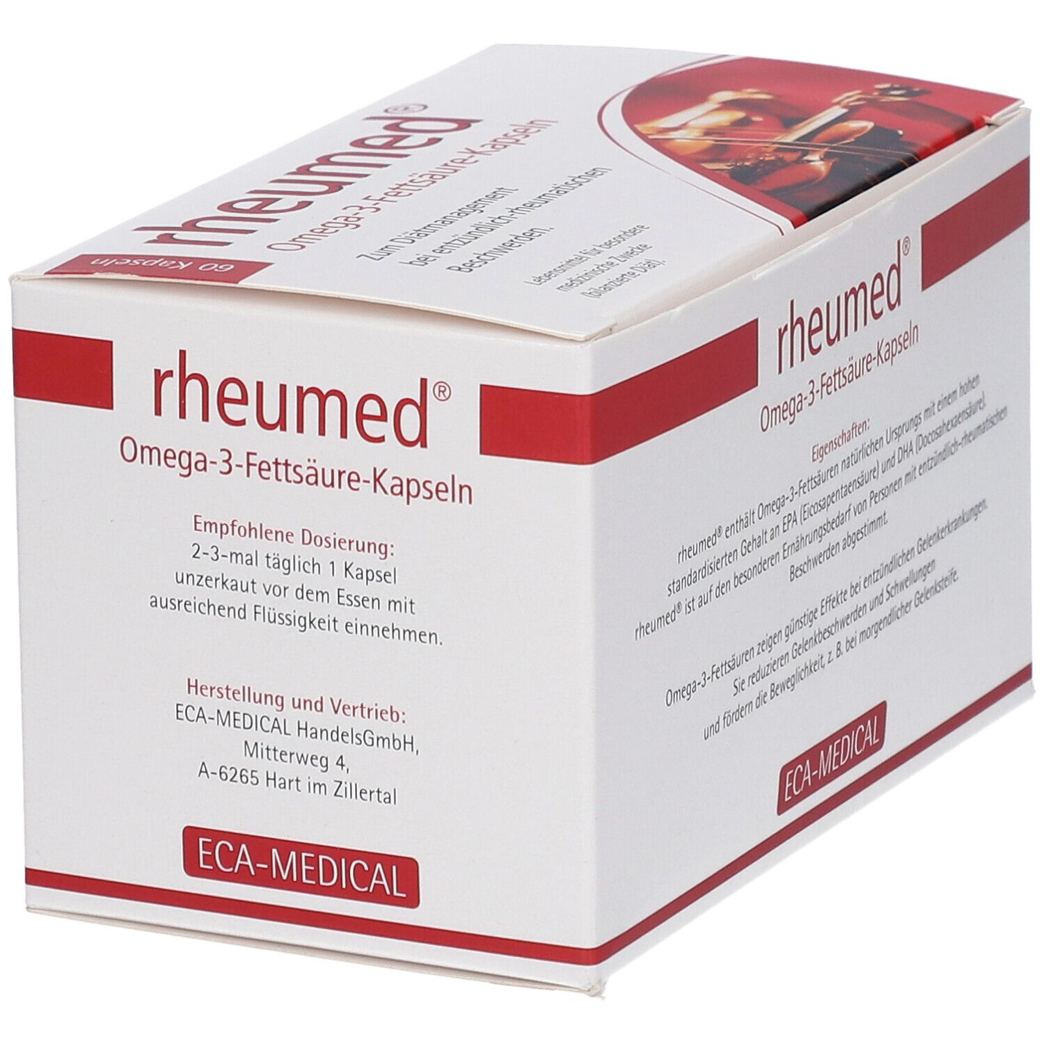 Weiße Schachtel mit roter Schrift. Aufschrift: rheumed® Omega-3-Fettsäure-Kapseln. ECA-MEDICAL Logo.