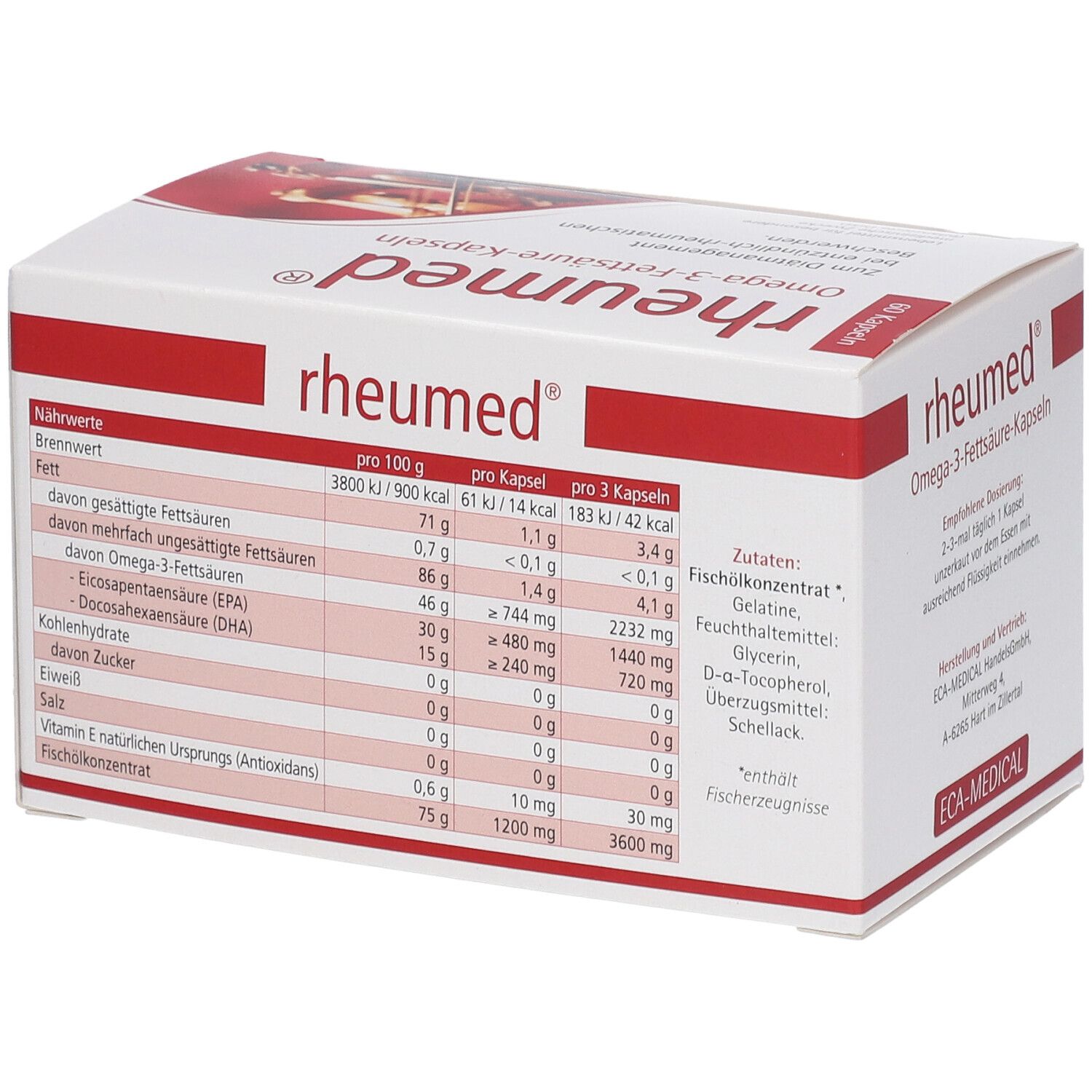 Weiße Schachtel mit roter Schrift. Aufschrift: rheumed® Omega-3-Fettsäure-Kapseln. Nährwerttabelle.