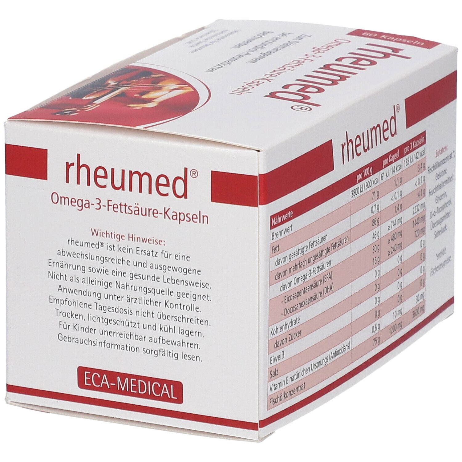 Weiße Schachtel mit roter Schrift. Aufschrift: rheumed® Omega-3-Fettsäure-Kapseln. Nährwerttabelle.