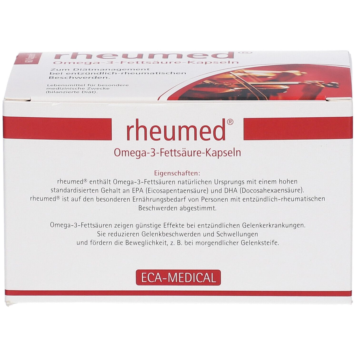 Weiße Schachtel mit roter Schrift. Aufschrift: rheumed® Omega-3-Fettsäure-Kapseln. ECA-MEDICAL Logo.