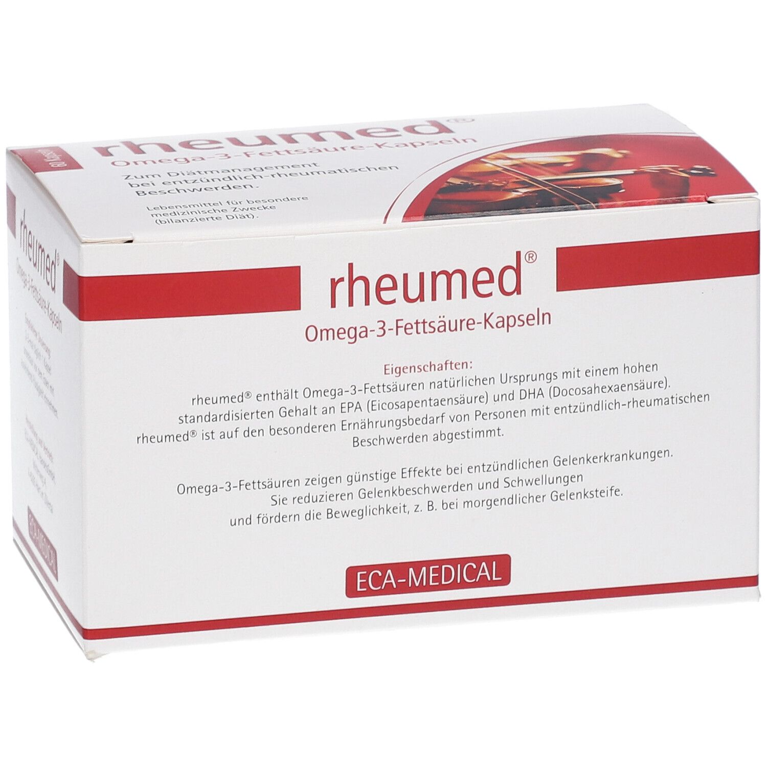 Weiße Schachtel mit roter Schrift. Aufschrift: rheumed® Omega-3-Fettsäure-Kapseln. ECA-MEDICAL Logo.