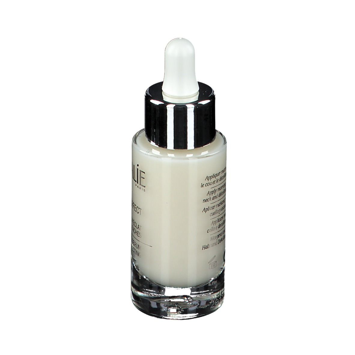 Serumflasche mit Pipette. Aufschrift CAUDALIE, VINOPERFECT, Serum Eclat Anti-Taches. Rückseite mit Text.