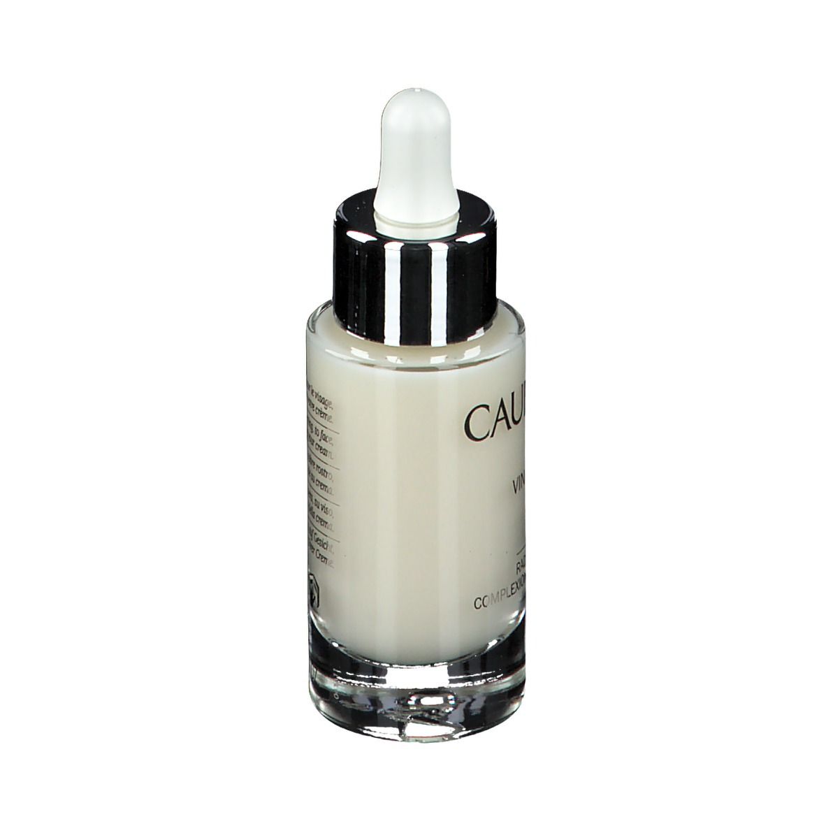 Serumflasche mit Pipette. Aufschrift CAUDALIE, VINOPERFECT, Serum Eclat Anti-Taches. Rückansicht.