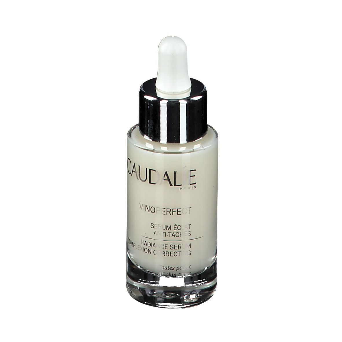 Serumflasche mit Pipette. Aufschrift CAUDALIE, VINOPERFECT, Serum Eclat Anti-Taches.