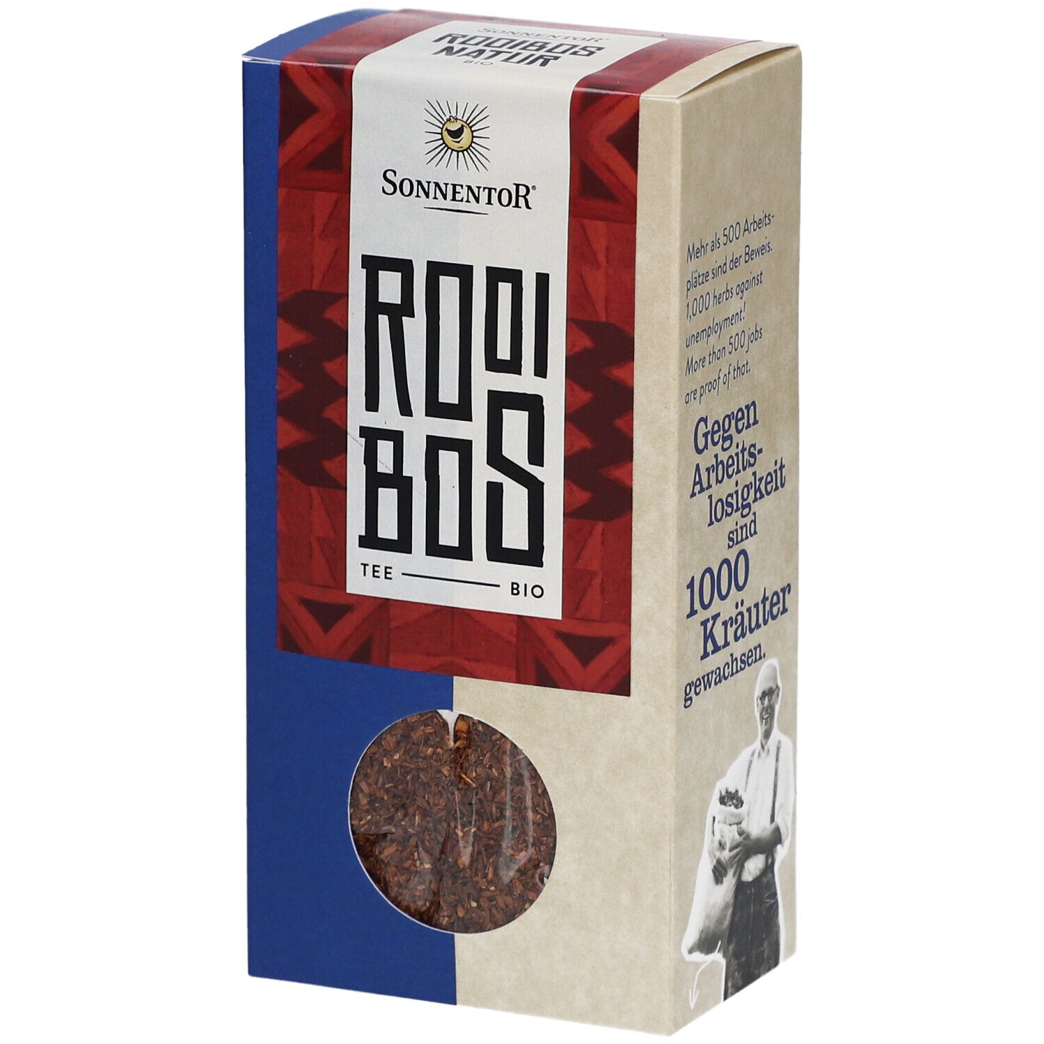 Kartonverpackung mit Sichtfenster. Aufschrift: Sonnentor, Rooibos Tee Bio. Sichtbares Produkt: loser Rooibos-Tee.