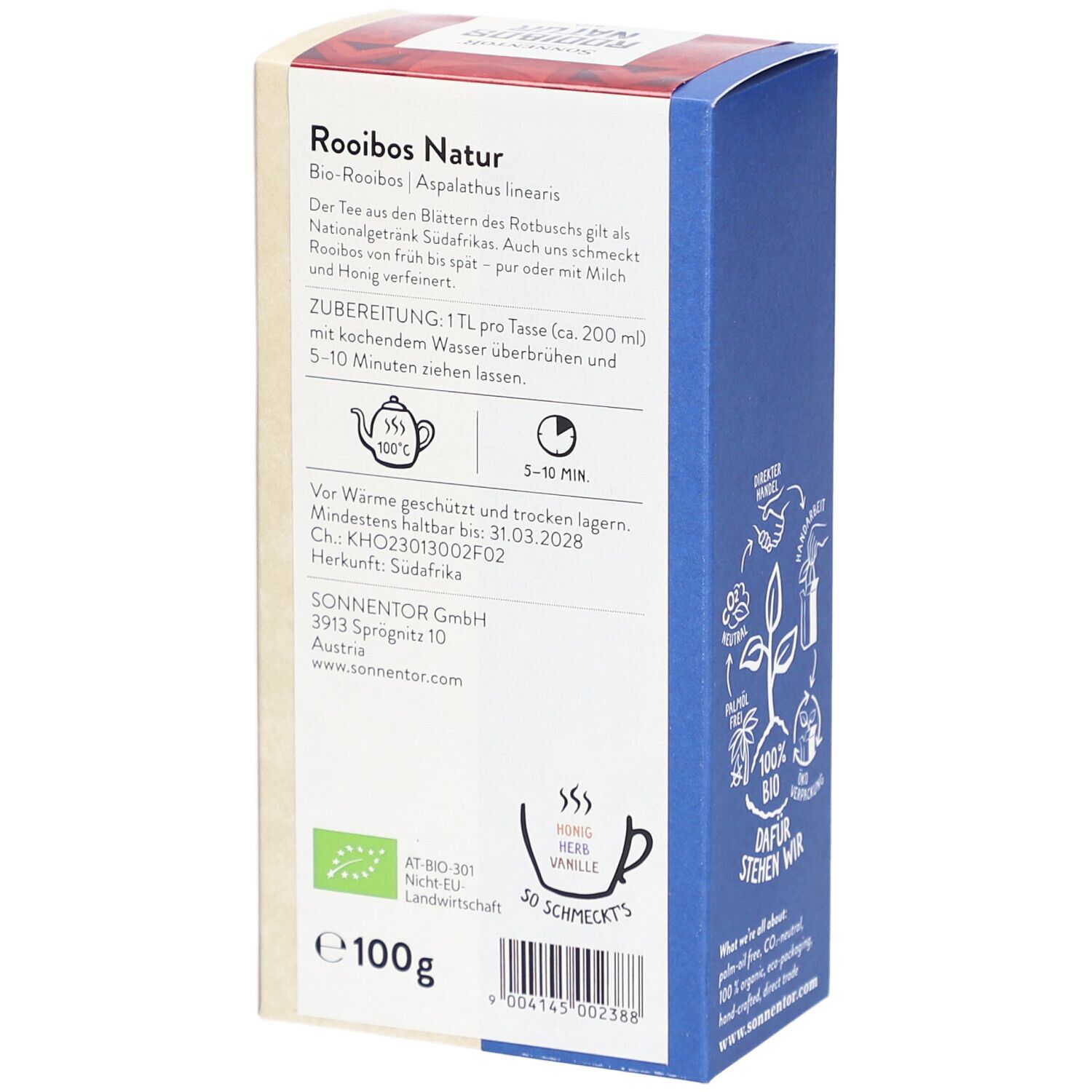 Rückseite der Kartonverpackung. Text über Zubereitung und Inhaltsstoffe. Bio-Siegel und Gewichtsangabe: 100g.