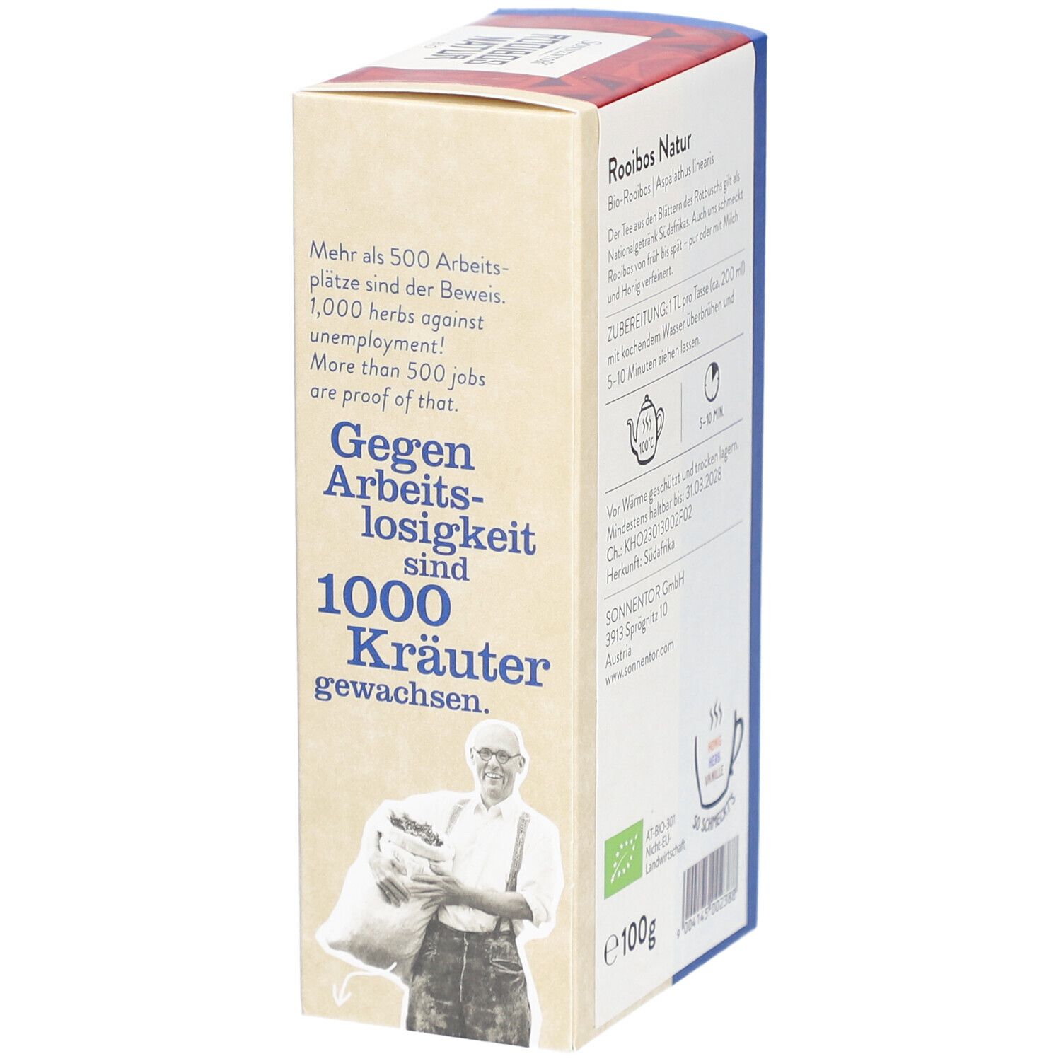 Seitenansicht der Kartonverpackung. Text über Arbeitsplätze und Kräuter. Bio-Siegel und Gewichtsangabe: 100g.