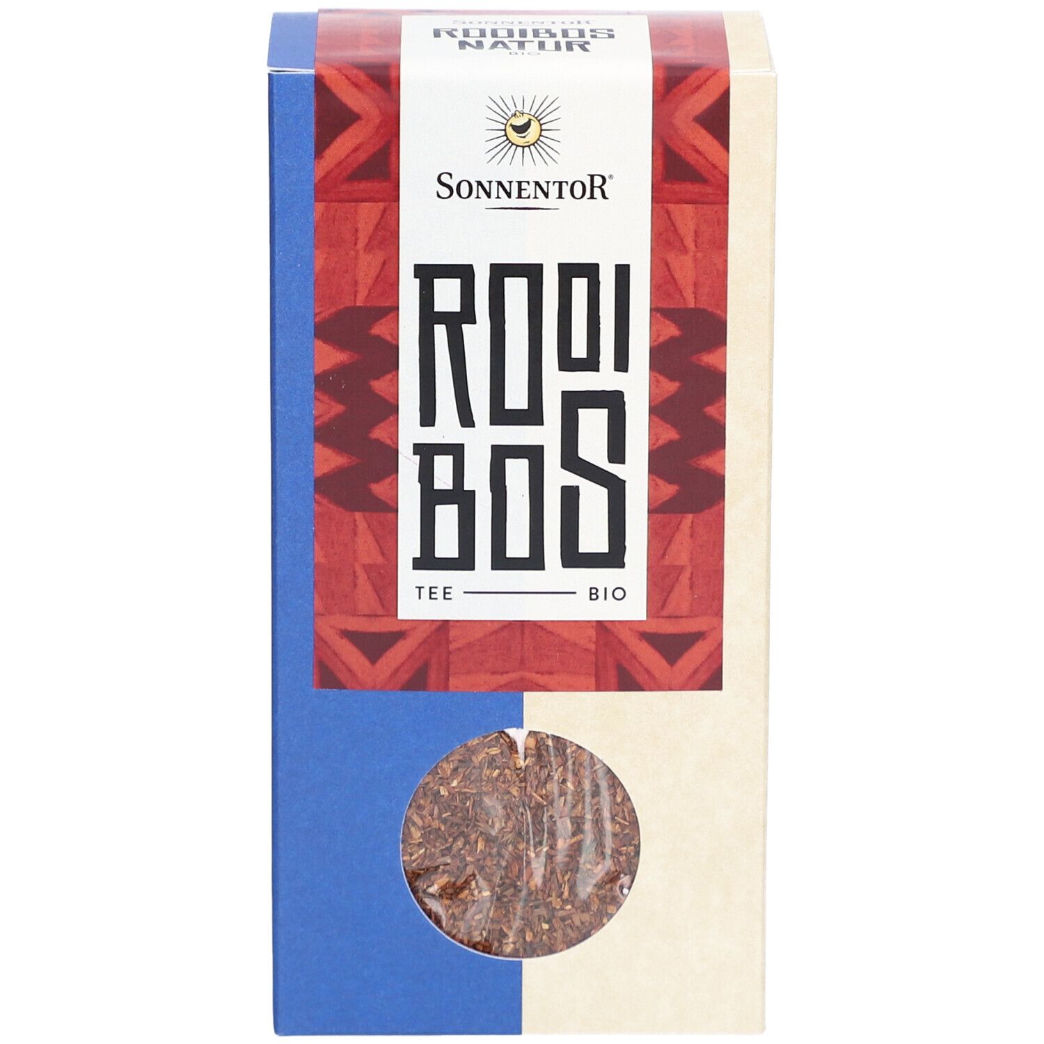 Kartonverpackung mit Sichtfenster. Aufschrift: Sonnentor, Rooibos Tee Bio. Sichtbares Produkt: loser Rooibos-Tee.