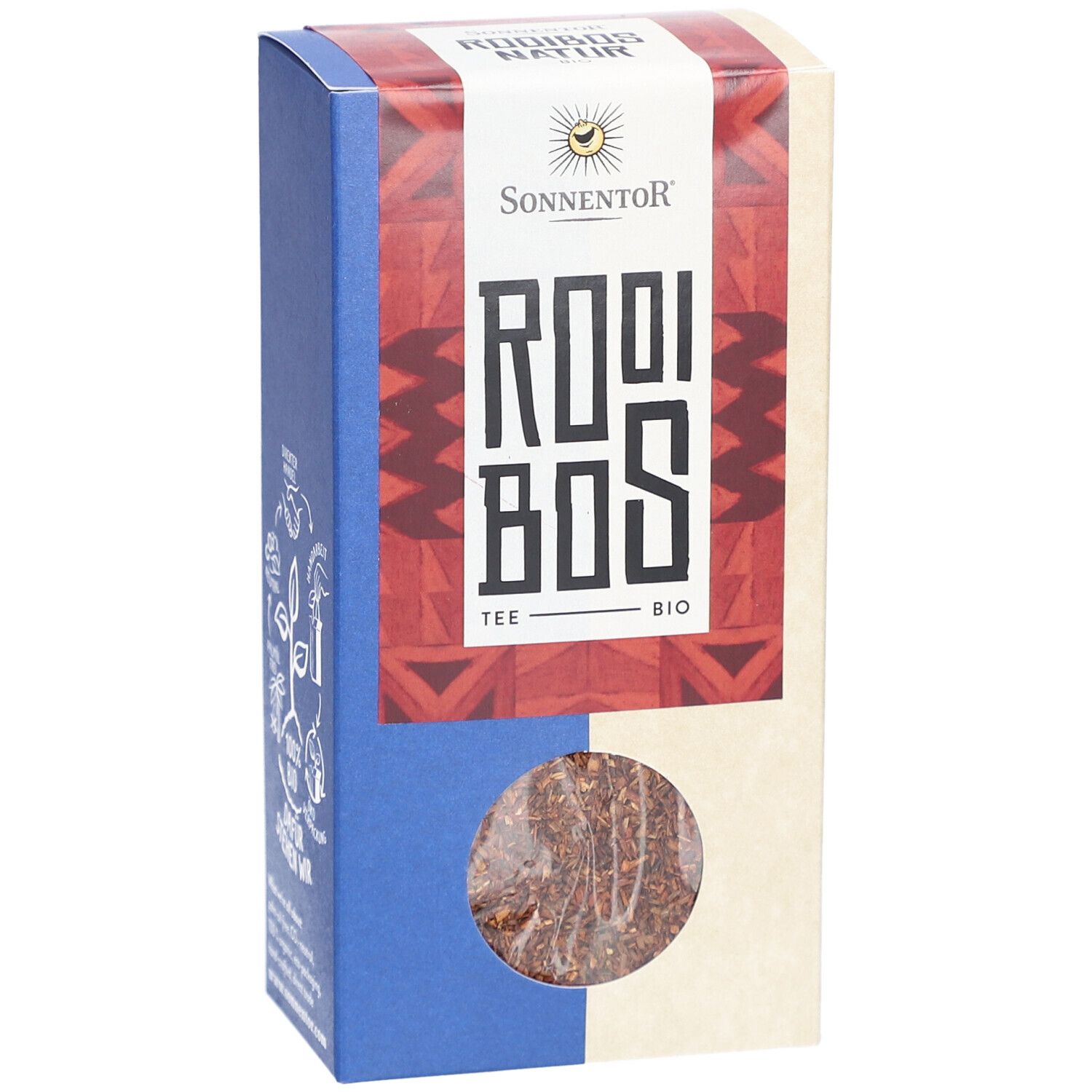 Kartonverpackung mit Sichtfenster. Aufschrift: Sonnentor, Rooibos Tee Bio. Sichtbares Produkt: loser Rooibos-Tee.
