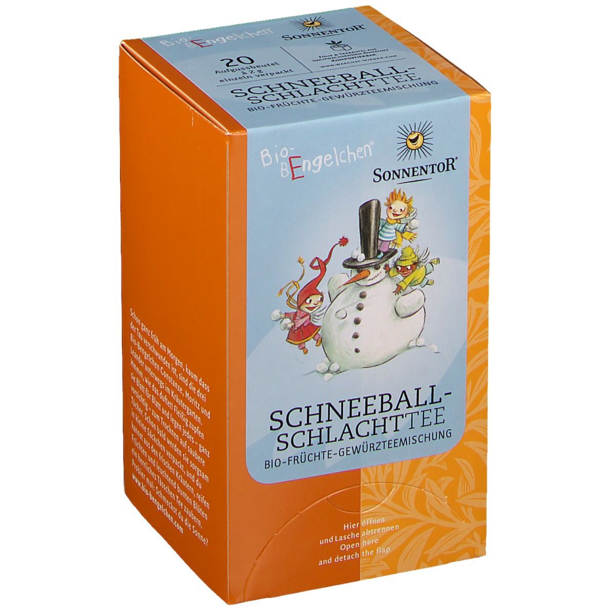 Orangefarbene Teebox mit Illustration eines Schneemanns und Kindern. Text: Schneeballschlacht-Tee, Bio-Früchte-Gewürzteemischung.