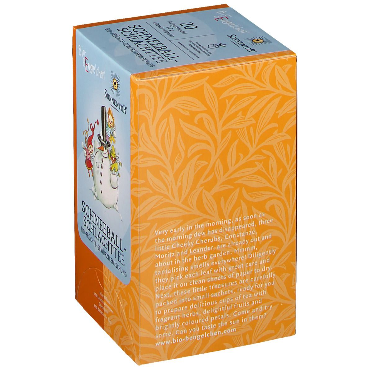 Schräg gestellte Teebox mit floralem Muster und Text. Logo: Bio-Engelchen. Text: Schneeballschlacht-Tee, 20 Aufgussbeutel.