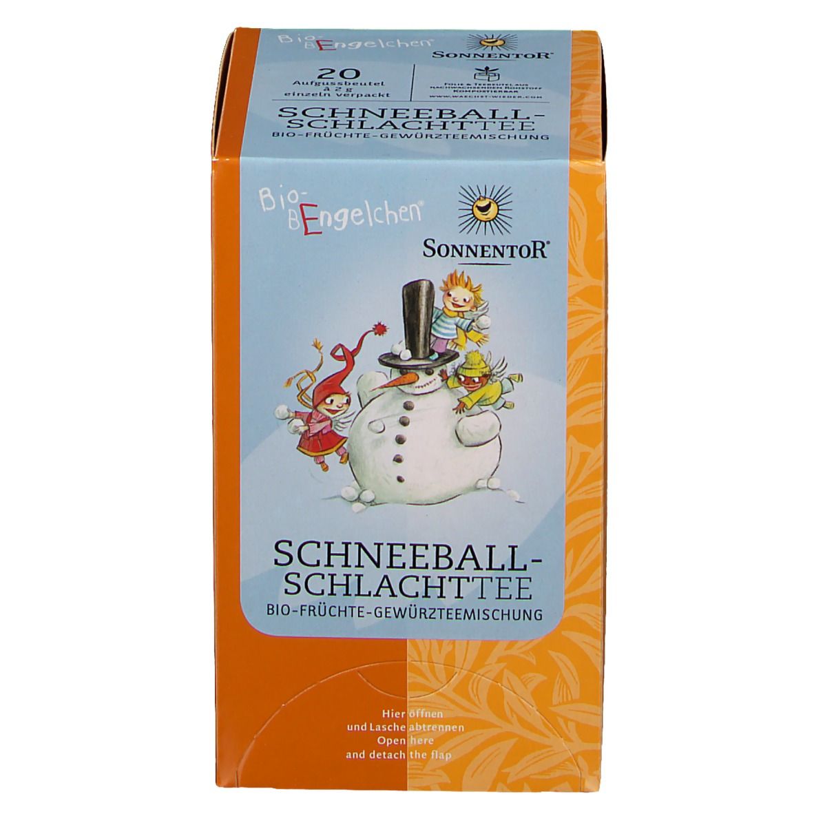 Vorderansicht der Teebox mit Illustration eines Schneemanns und Kindern. Text: Schneeballschlacht-Tee, Bio-Früchte-Gewürzteemischung.