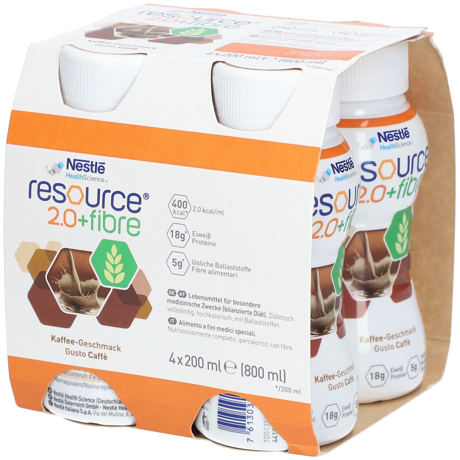 Packung mit vier Flaschen Nestlé Resource 2.0+fibre Kaffee-Geschmack. Aufdrucke: 400 kcal, 18g Eiweiß, 5g Ballaststoffe. Braune und weiße Verpackung.