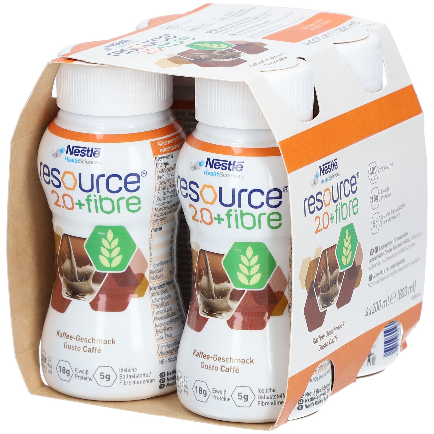 Packung mit vier Flaschen Nestlé Resource 2.0+fibre Kaffee-Geschmack. Aufdrucke: 400 kcal, 18g Eiweiß, 5g Ballaststoffe. Braune und weiße Verpackung.