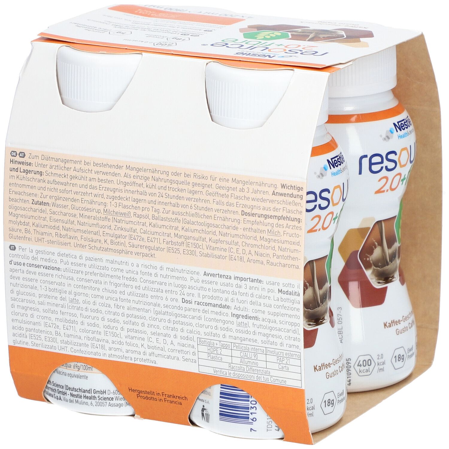 Packung mit vier Flaschen Nestlé Resource 2.0+fibre Kaffee-Geschmack. Rückseite mit Text. Aufdrucke: 400 kcal, 18g Eiweiß, 5g Ballaststoffe. Braune und weiße Verpackung.