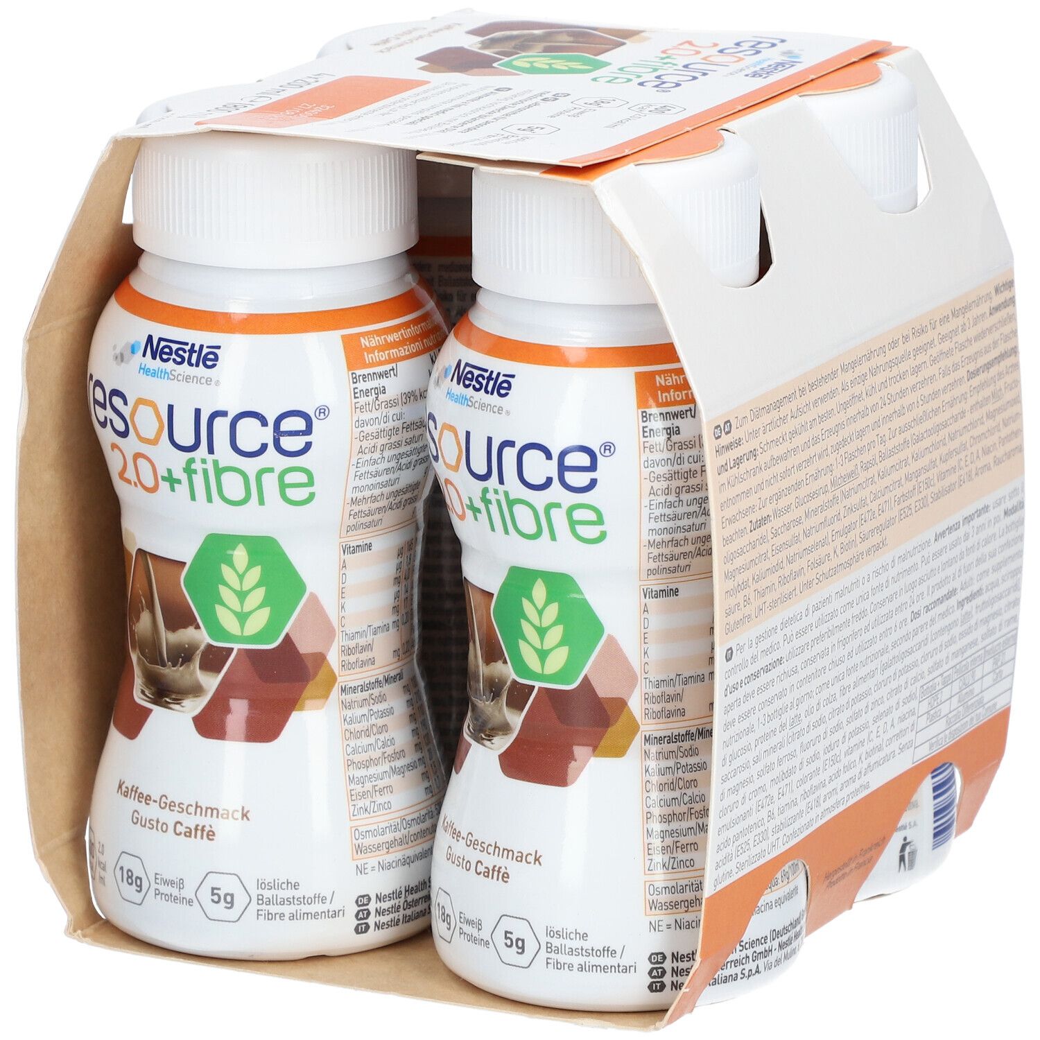 Packung mit vier Flaschen Nestlé Resource 2.0+fibre Kaffee-Geschmack. Aufdrucke: 400 kcal, 18g Eiweiß, 5g Ballaststoffe. Braune und weiße Verpackung.