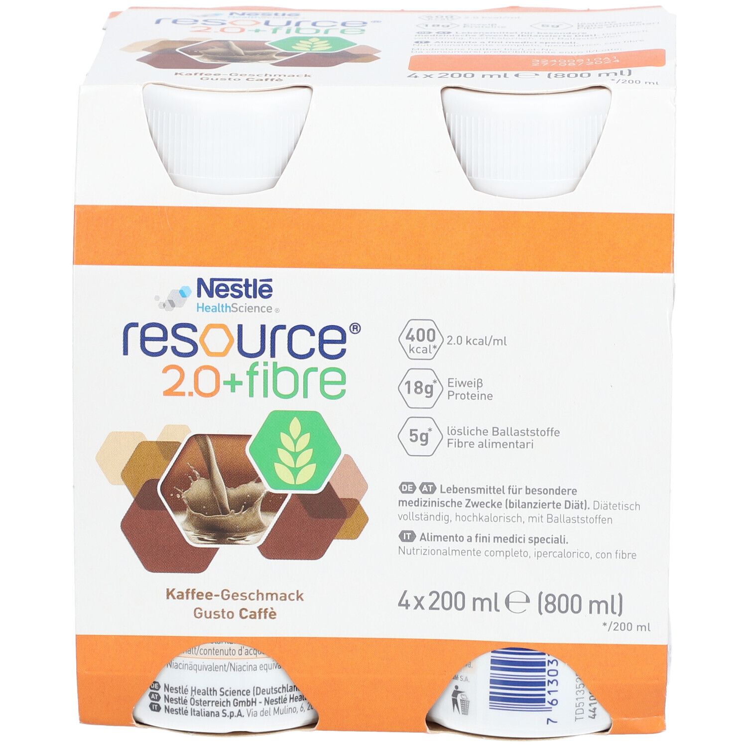 Packung mit vier Flaschen Nestlé Resource 2.0+fibre Kaffee-Geschmack. Aufdrucke: 400 kcal, 18g Eiweiß, 5g Ballaststoffe. Braune und weiße Verpackung.