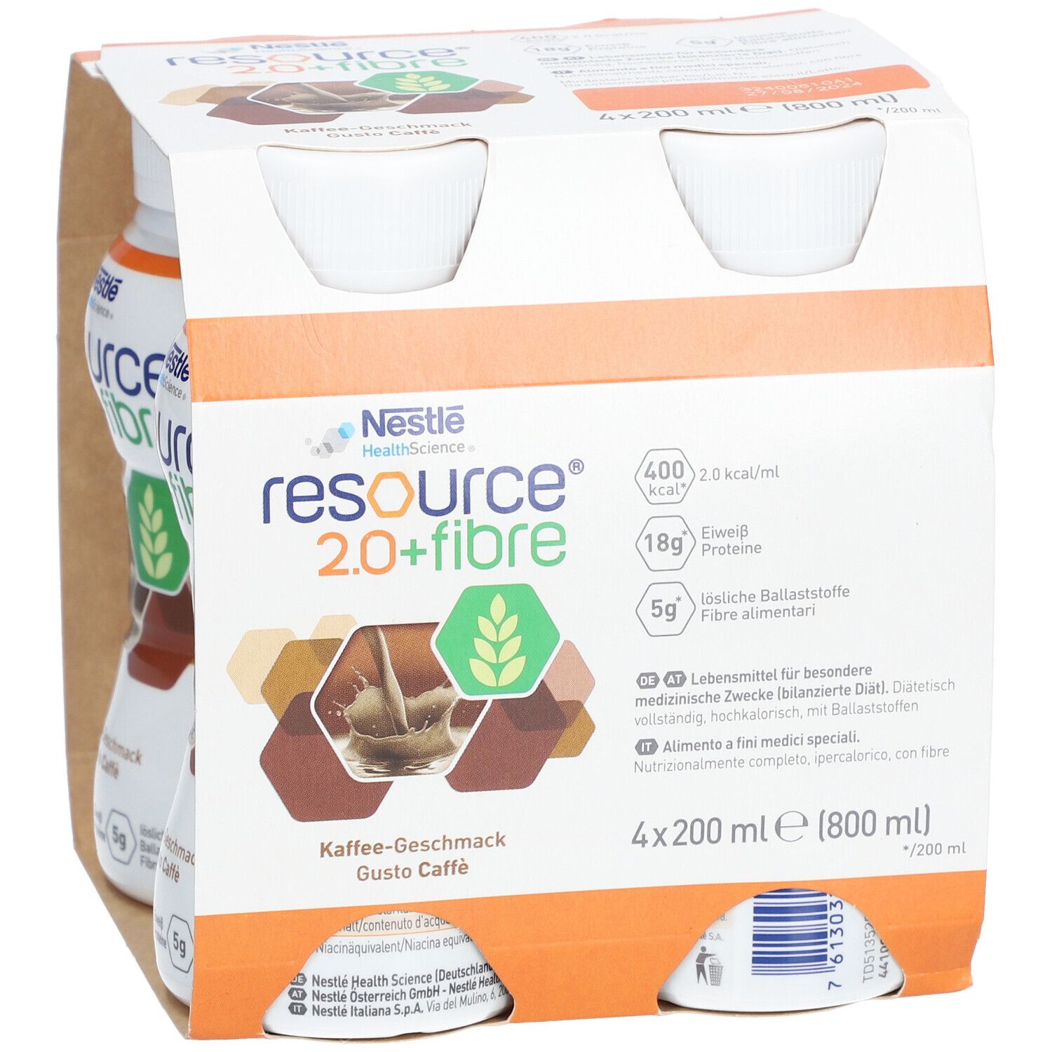 Packung mit vier Flaschen Nestlé Resource 2.0+fibre Kaffee-Geschmack. Aufdrucke: 400 kcal, 18g Eiweiß, 5g Ballaststoffe. Braune und weiße Verpackung.