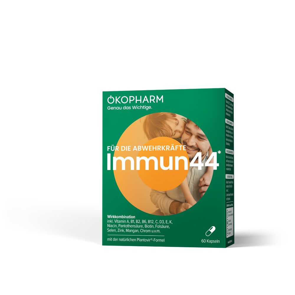 Grüne Schachtel mit "Immun44" und Logo. Enthält 60 Kapseln. Text: Für die Abwehrkräfte. Mit Vitaminen und Mineralstoffen.