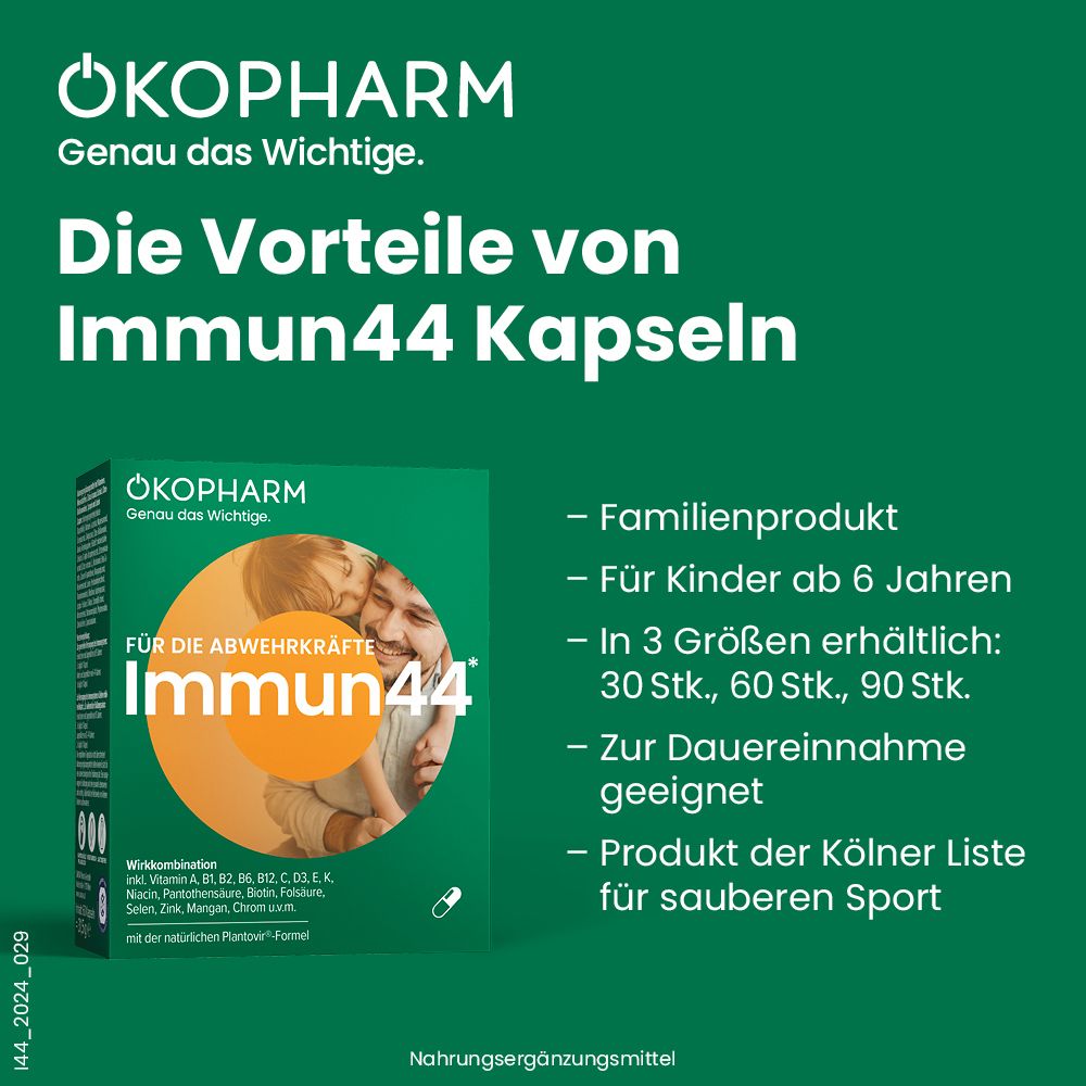 Werbebild mit "Immun44 Kapseln". Text: Vorteile, Familienprodukt, für Kinder ab 6 Jahren, in 3 Größen, zur Dauereinnahme.
