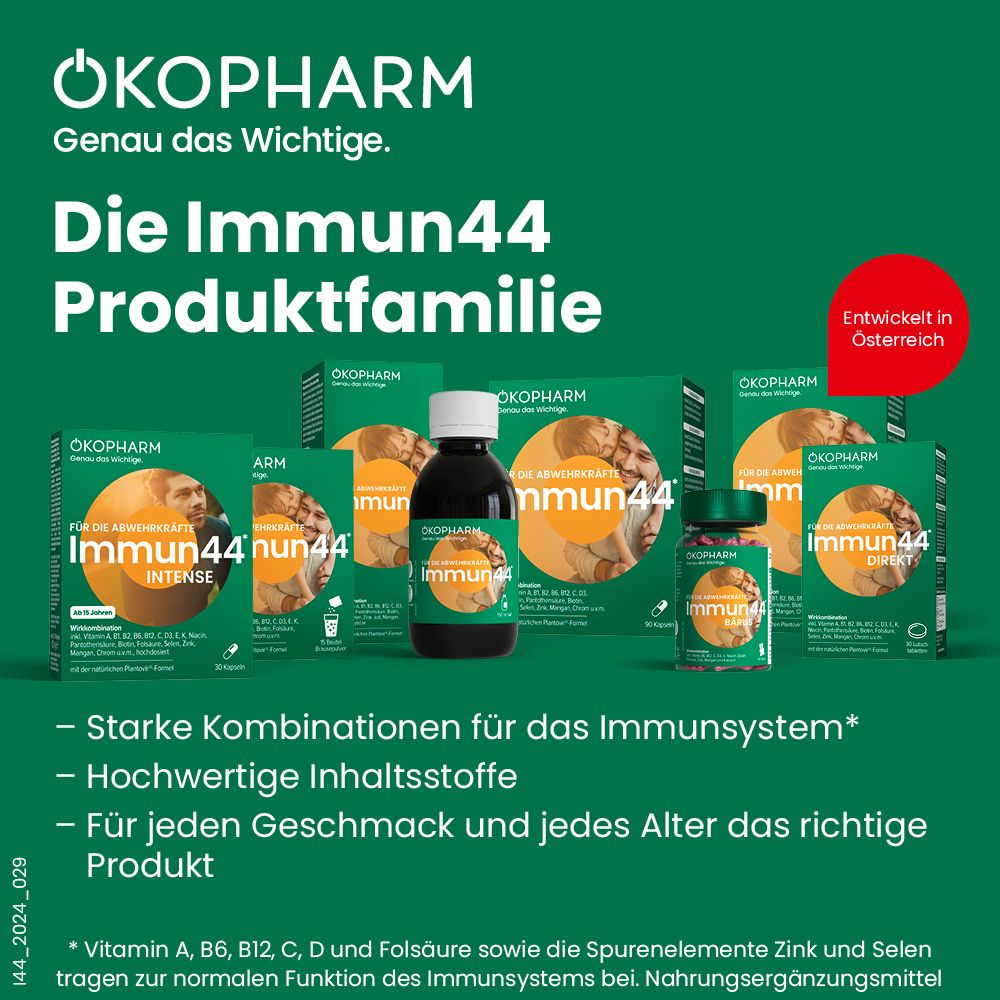 Werbebild mit "Immun44 Produktfamilie". Produkte: Kapseln, Tropfen, Tabletten. Text: Starke Kombinationen, hochwertige Inhaltsstoffe.