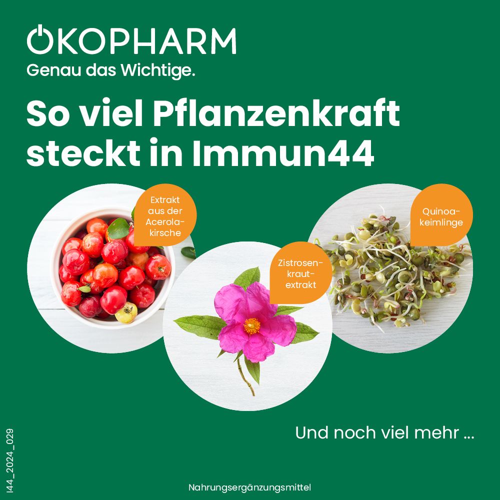 Werbebild mit Zutaten von "Immun44". Abgebildet: Acerola-Kirsche, Zistrosenextrakt, Quinoakeimlinge. Text: Pflanzenkraft.