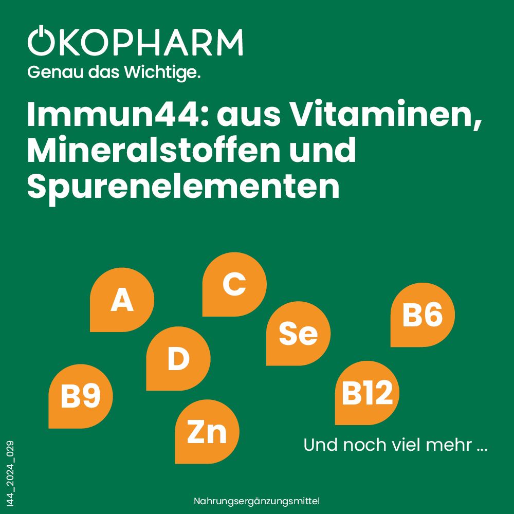 Werbebild mit Vitaminen und Mineralstoffen von "Immun44". Gezeigt: Vitamine A, C, B6, B9, B12, D, Zn, Se. Text: Spurenelemente.