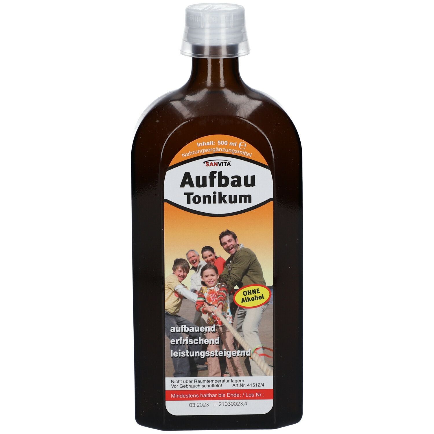 Braune Glasflasche mit weißem Verschluss. Etikett mit Produktnamen, Familie und Text. Ohne Alkohol.