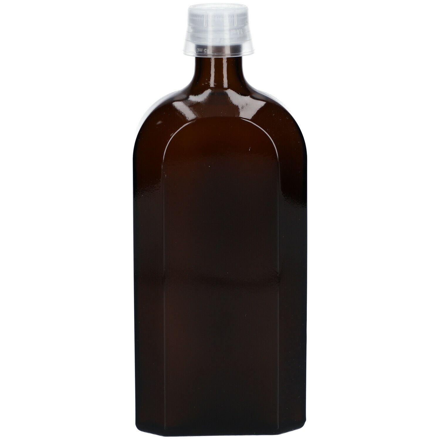 Braune Glasflasche mit weißem Verschluss. Leere Flasche mit abgerundeten Ecken.