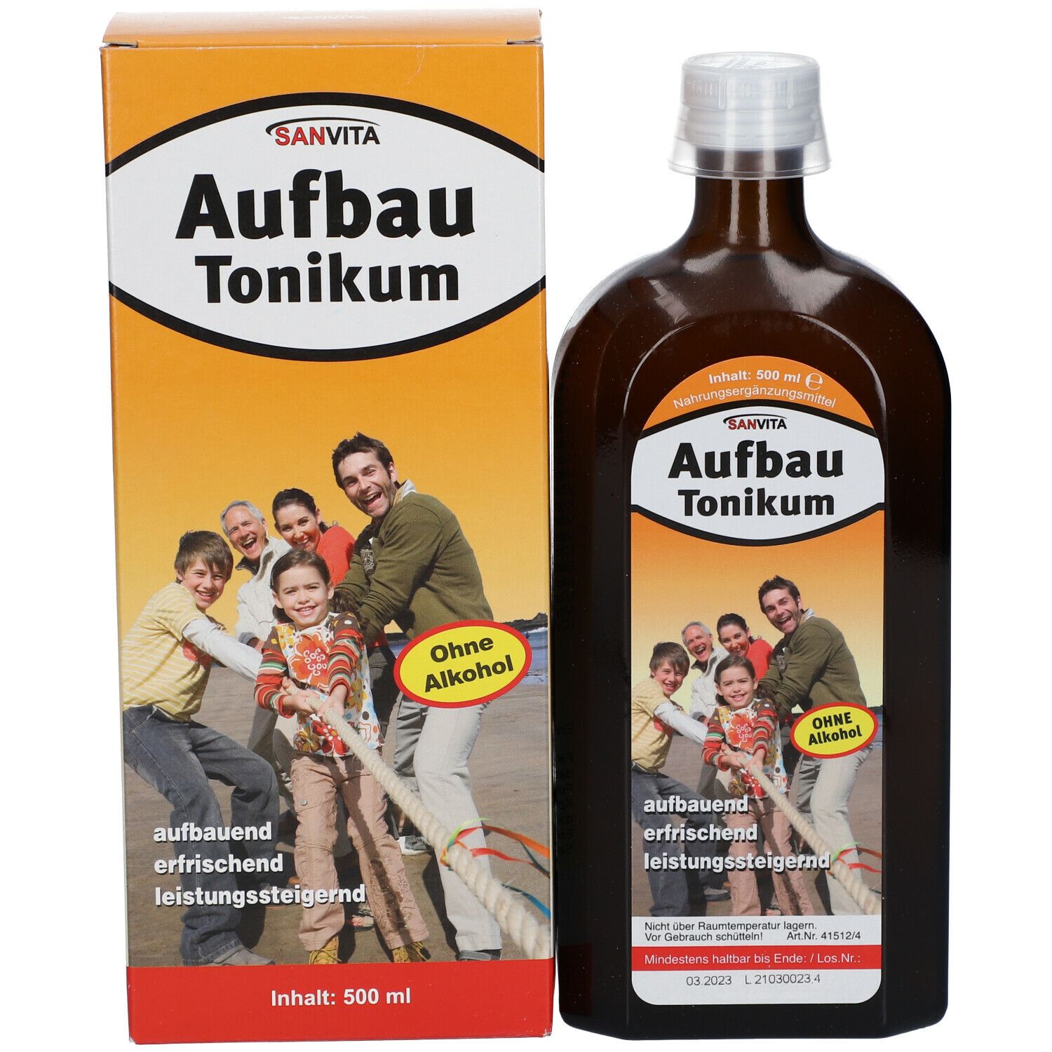 Produktflasche und Karton. Flasche mit Etikett, Karton mit Produktnamen und Familie. Ohne Alkohol.
