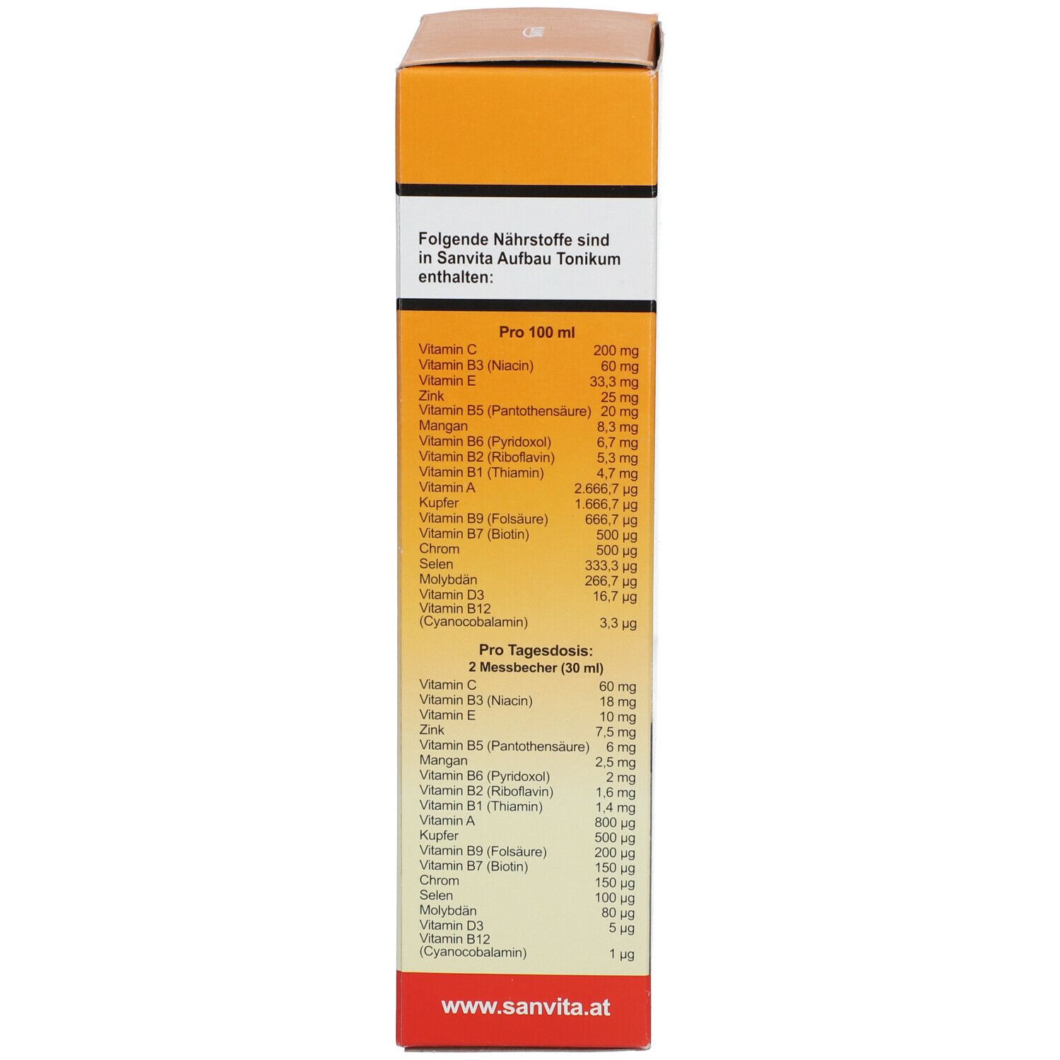 Kartonseite mit Nährwertangaben und Vitaminen. Text in deutscher Sprache. Enthält Angaben pro 100 ml und pro Tagesdosis.