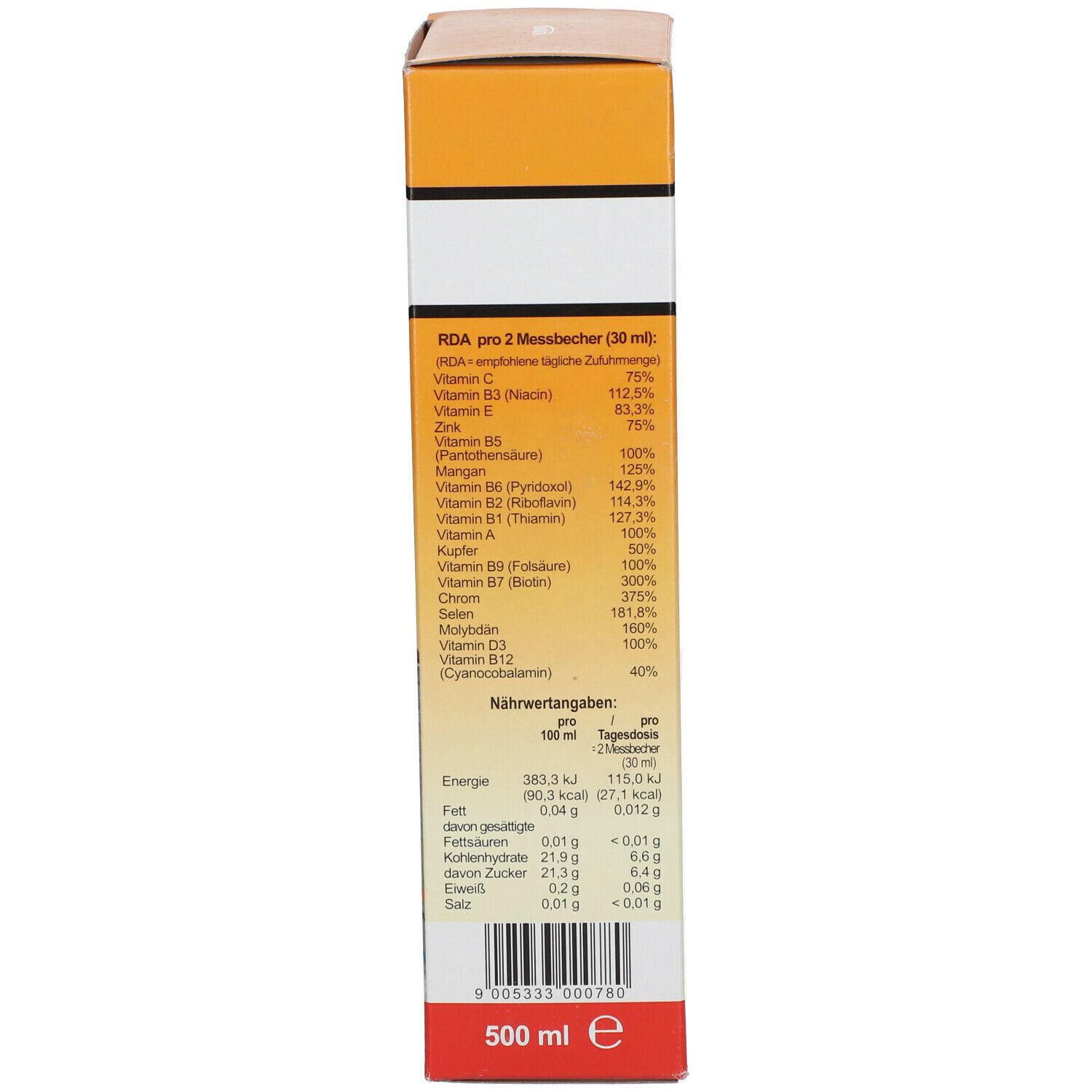 Kartonseite mit Nährwertangaben und RDA-Werten. Text in deutscher Sprache. Enthält Angaben pro 100 ml und pro Tagesdosis.