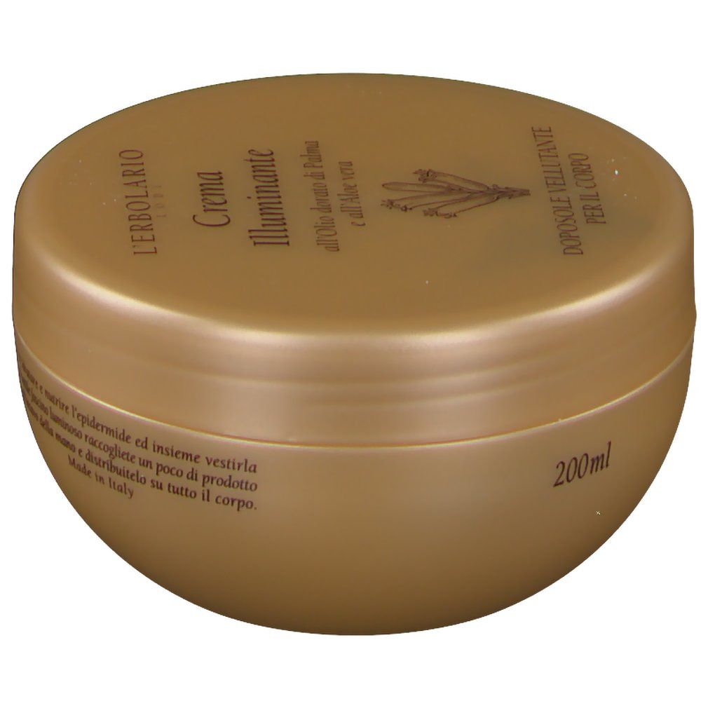 Goldfarbener Tiegel mit Aufschrift L'Erbolario Crema Illuminante. Text: Dopo Sole Vellutante per il Corpo. 200ml.