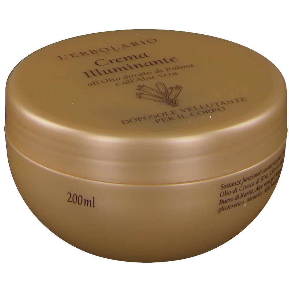 Goldfarbener Tiegel mit Aufschrift L'Erbolario Crema Illuminante. Text: Dopo Sole Vellutante per il Corpo. 200ml.