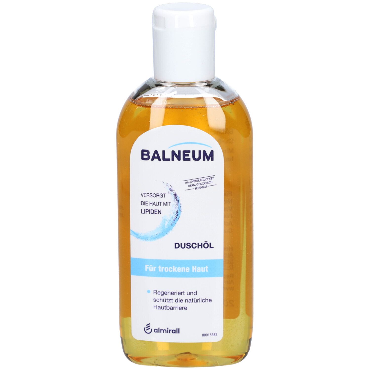 BALNEUM Duschöl Flasche. Gelbe Flüssigkeit, weißer Deckel. Aufschrift: BALNEUM, Duschöl, Für trockene Haut.