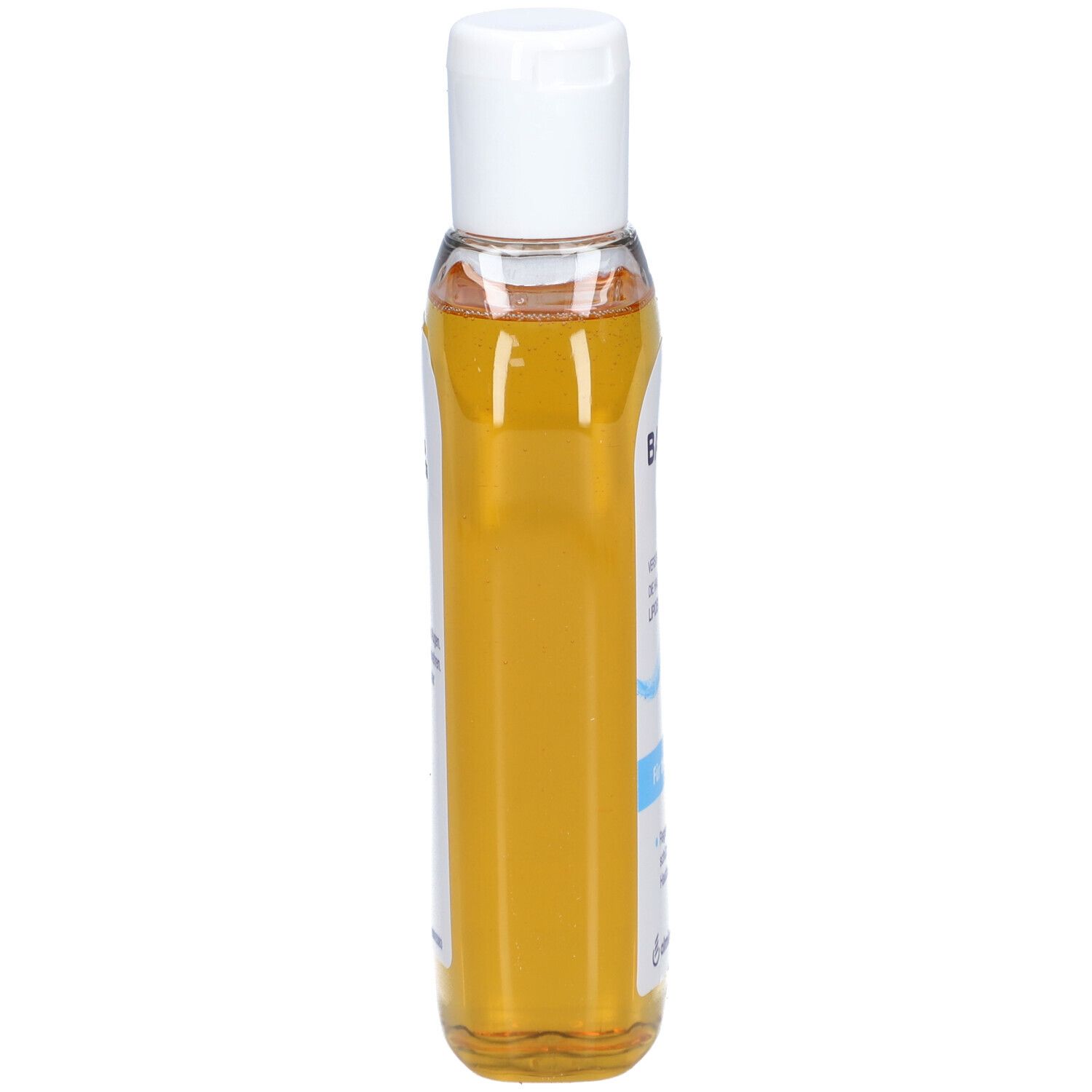 BALNEUM Duschöl Flasche. Schlanke, transparente Flasche mit gelber Flüssigkeit und weißem Deckel.