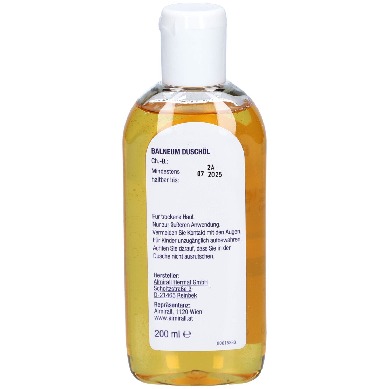 Rückseite der BALNEUM Duschöl Flasche. Enthält Informationen und Inhaltsstoffe. 200 ml.