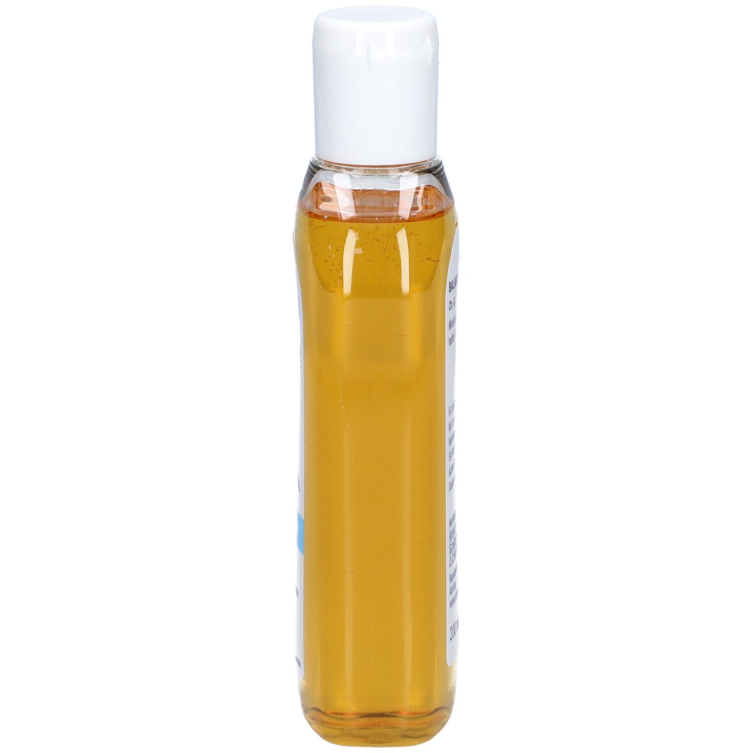 BALNEUM Duschöl Flasche. Schlanke, transparente Flasche mit gelber Flüssigkeit und weißem Deckel.