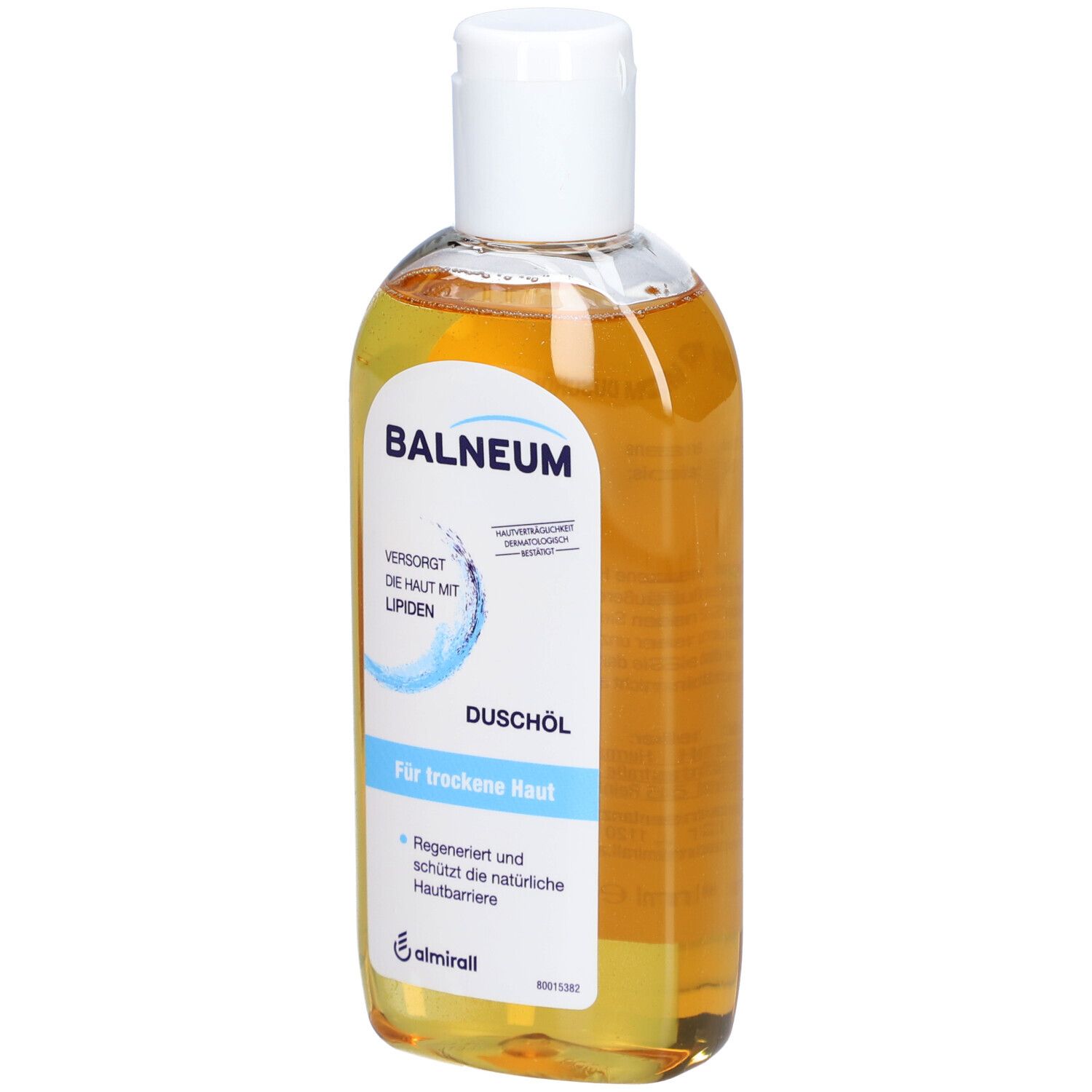 BALNEUM Duschöl Flasche. Gelbe Flüssigkeit, weißer Deckel. Aufschrift: BALNEUM, Duschöl, Für trockene Haut.