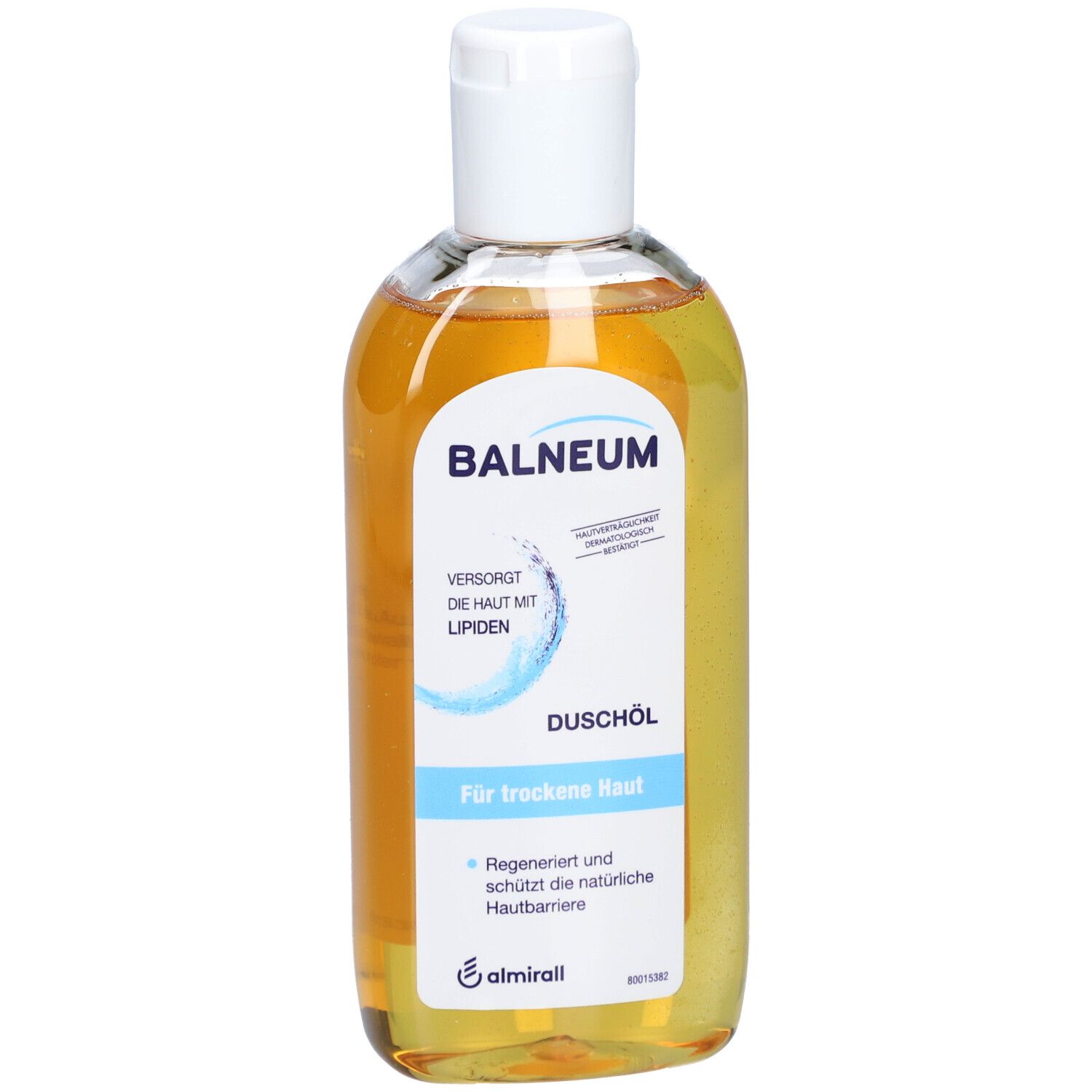 BALNEUM Duschöl Flasche. Gelbe Flüssigkeit, weißer Deckel. Aufschrift: BALNEUM, Duschöl, Für trockene Haut.