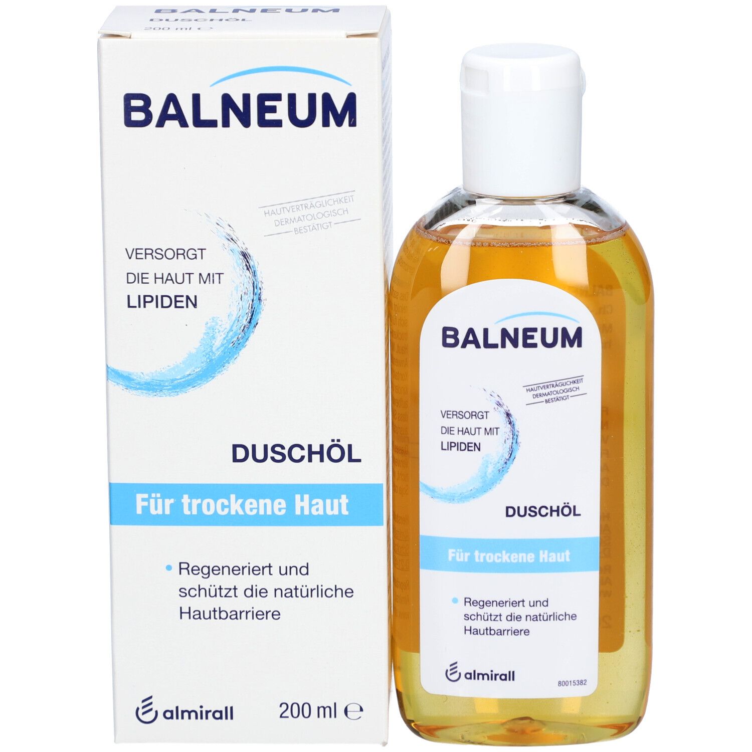 BALNEUM Duschöl Flasche und Verpackung. Flasche mit gelber Flüssigkeit, Verpackung mit Aufschrift.